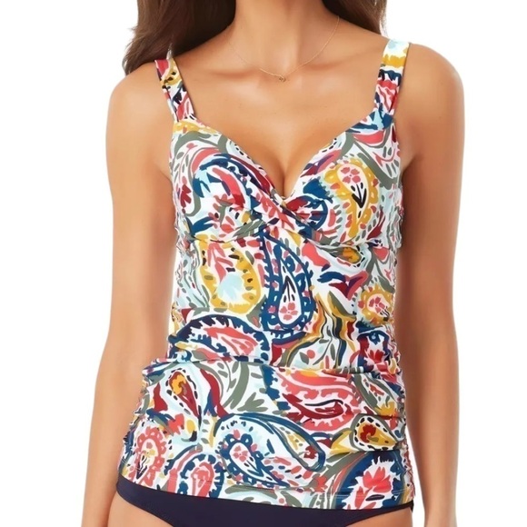 Anne Cole MULTI Watercolor Paisley Twist Underwire Tankini Swim Top - Picture 1 of 9